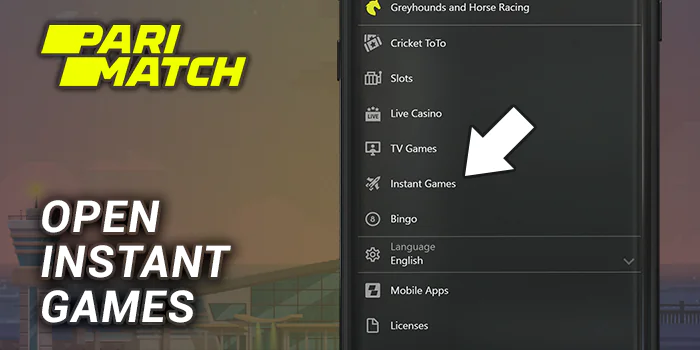 Open Parimatch instant games using main menu