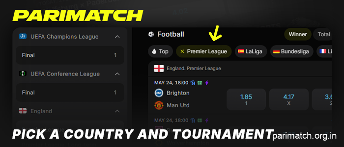 Select a tournament and country to place your bets on Parimatch