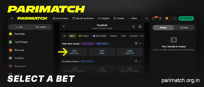 Choose a bet type for the match at Parimatch India